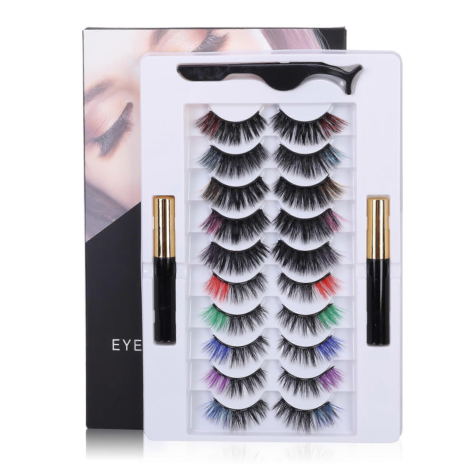 Magnetic Eyelashes Kit Eyelashes Natural Look Shining, Mixed Color Wispy Fluffy Eyelashes with Waterproof Eyeliner & Tweezer Kit, 10 Pairs