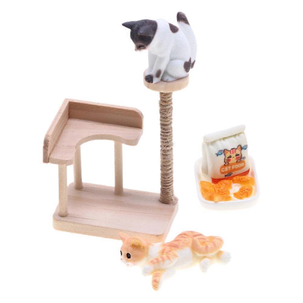 Mini Cat Tower and Cat Figurine for Doll House Layout 2Sets Wood Model