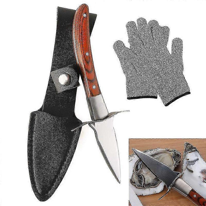 Minglan Oyster Shucking Tools Stainless Steel With Wooden Non-slip Handle Leather Sheath And Resistant Gloves Seafood Tools Gadgets