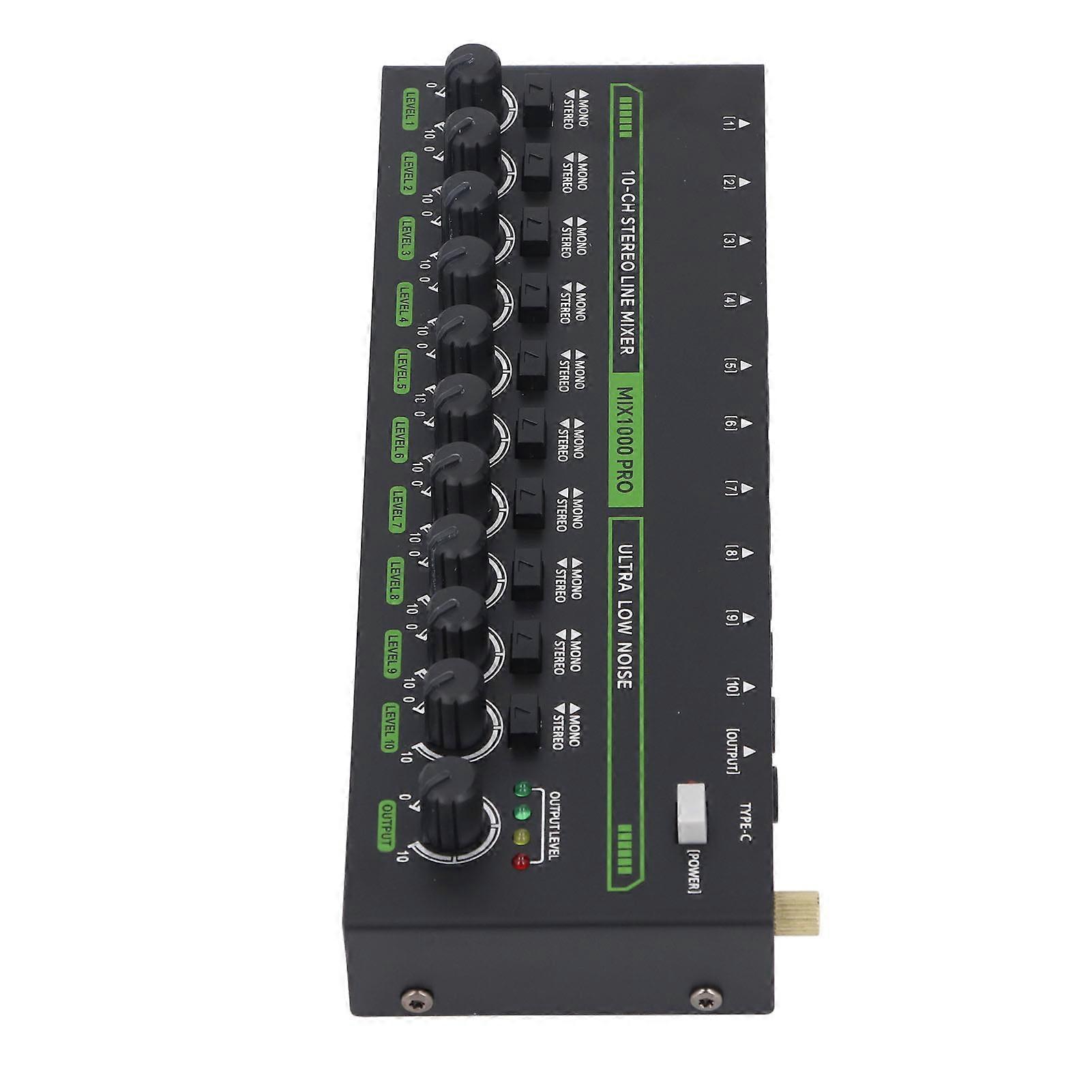 MIX1000 10 Channel Stereo Mixer with RGB Light Low Noise Stereo Mono Switching Mixer for Guitar Keyboard Drum Stage US Plug 100-240V 