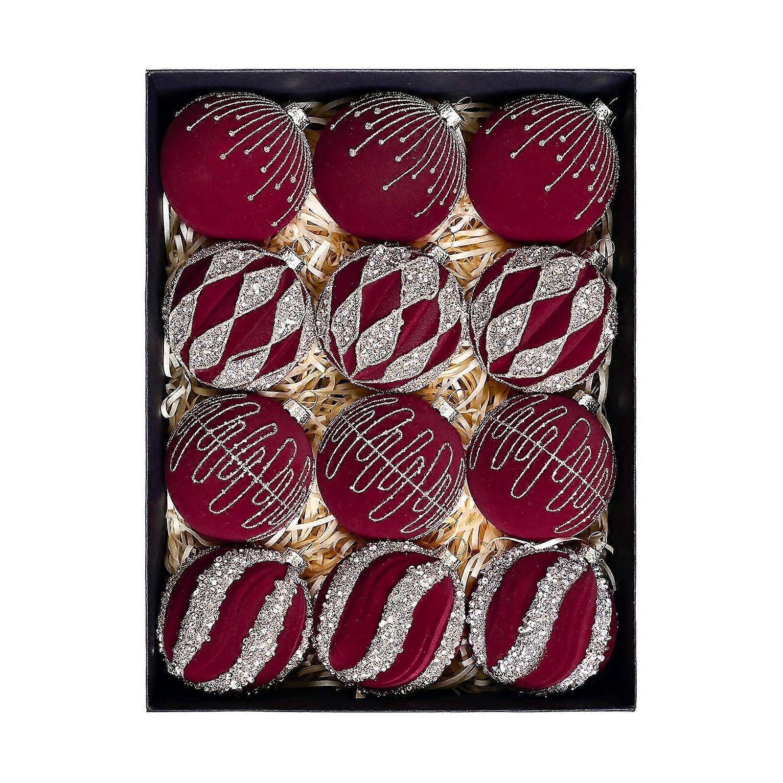 12 glitzernde Weihnachtskugeln als Christbaumschmuck, bordeauxrot
