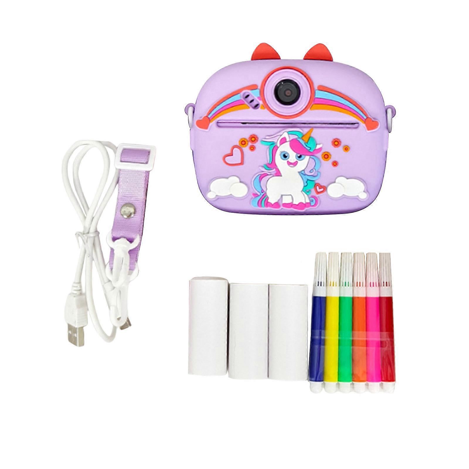 ABS Body Kids Camera with 2.4inch LCD Screen Instantly Print Functionality for Photographer 3Roll Print Paper Lanyard  Purple