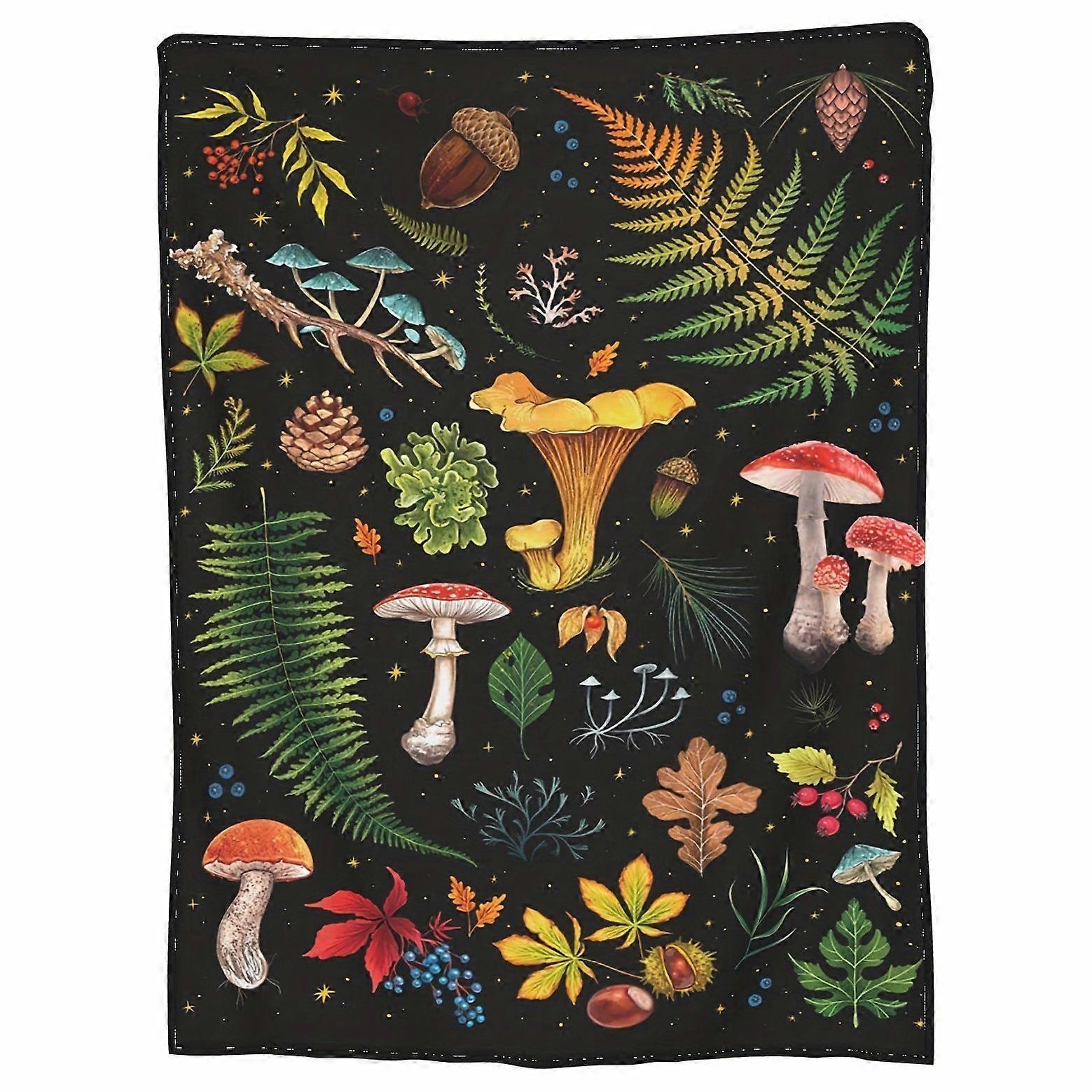 Vintage Mushroom & Floral Throw Blanket - Soft Plush Fleece, Black with Colorful Mushrooms, Leaves, and Berries Design, -mnbvc308