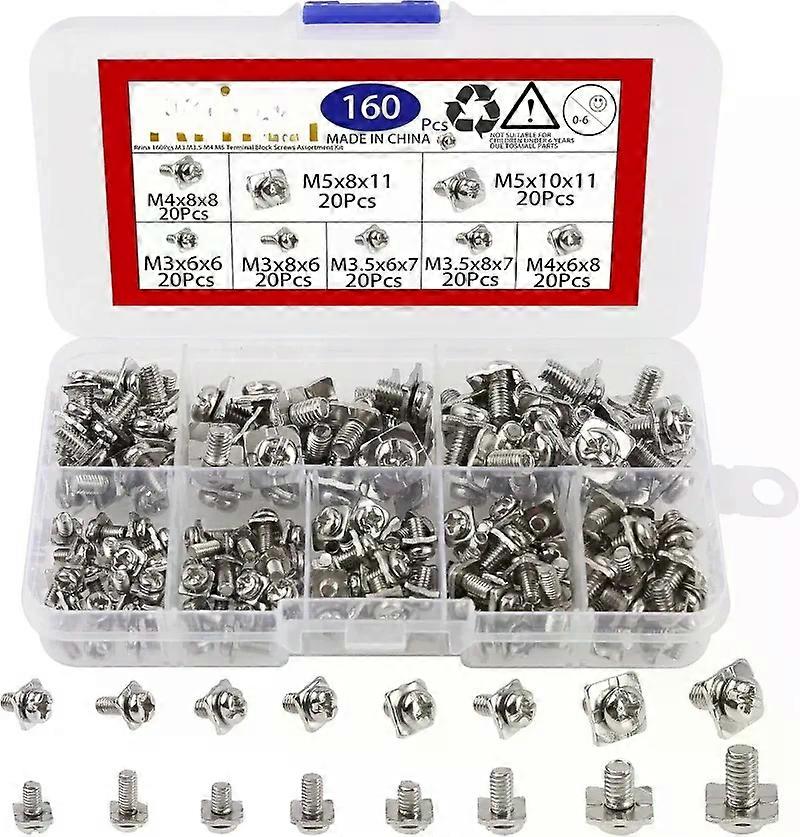 1/2 Box (160Pcs/box) M3 M3.5 M4 M5 Terminal Block Screws Assortment Kit with Square Washers Nickel Plated Carbon Steel Screws