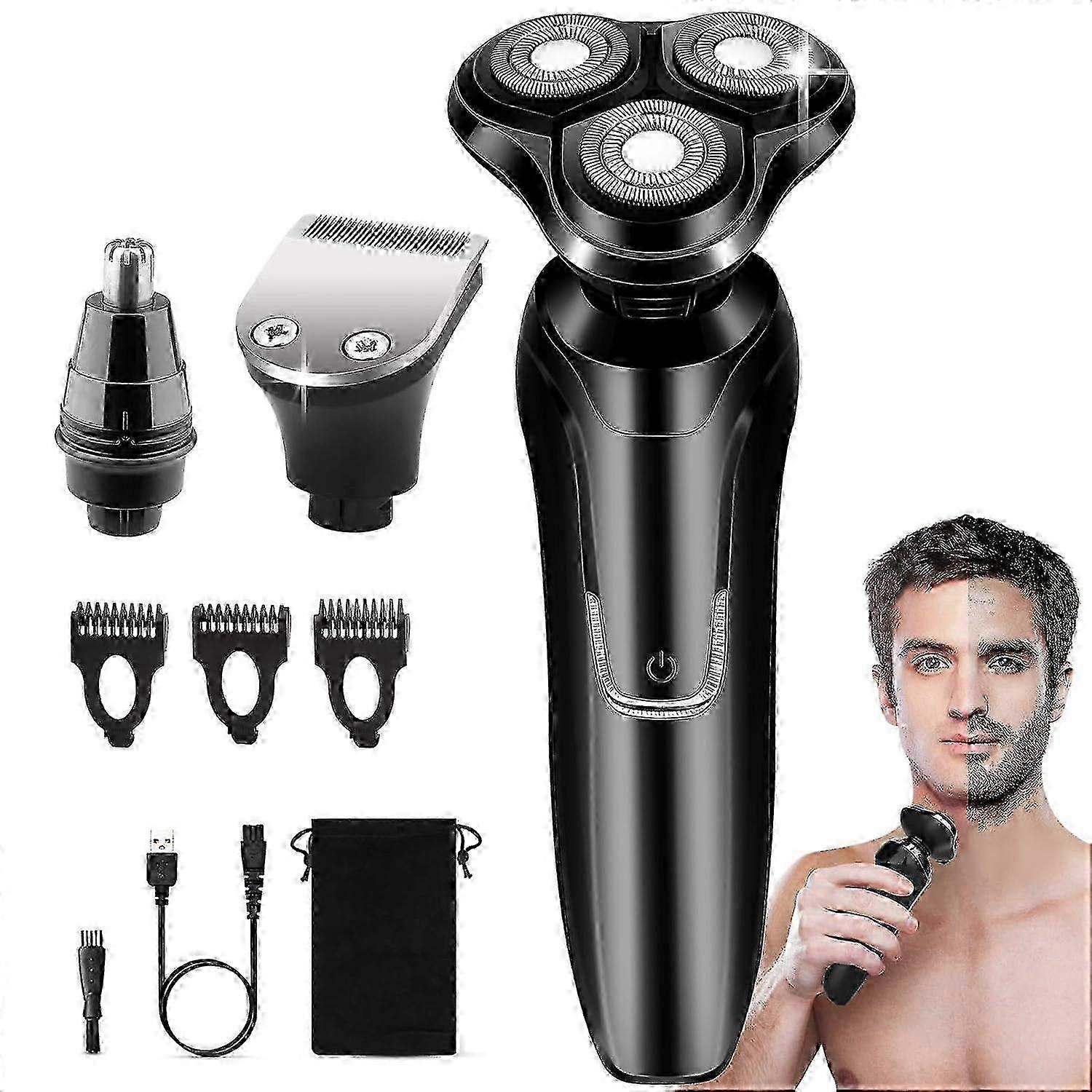 2025 Black Electric Shaver with Floating 3-Head & Trimmer Attachments