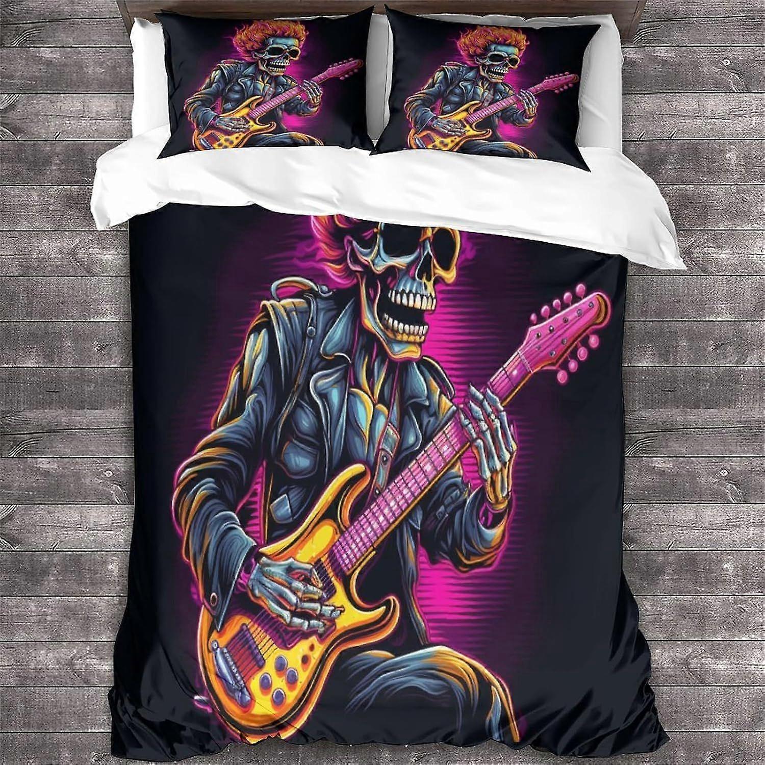روك أند رول الفراش للبنات الأولاد الجمجمة نمط لحاف غطاء غطاء السرير 3 قطع غطاء لحاف الغيتار المعدني الثقيل للسرير مزدوج