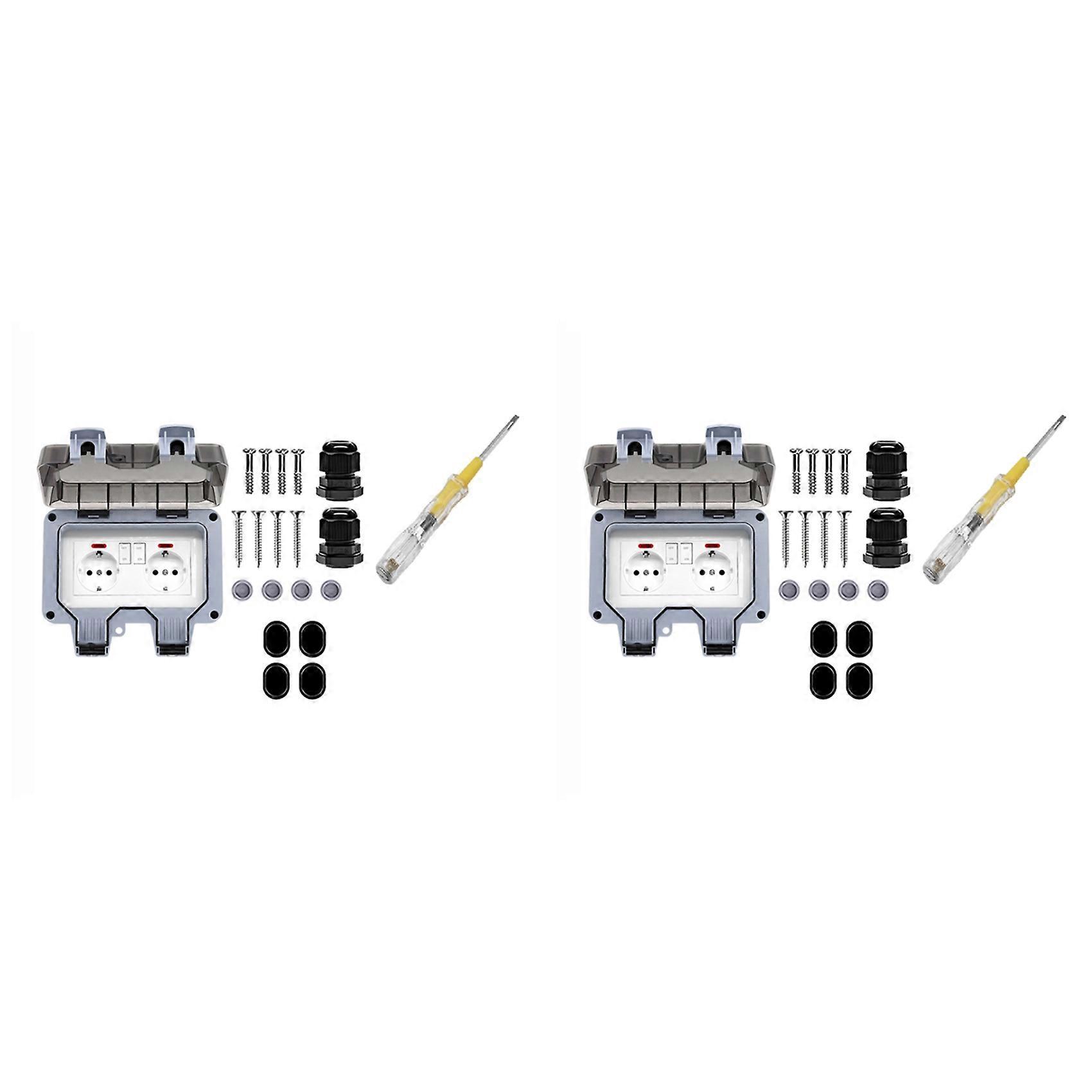 2X Outdoor Socket Waterproof Socket with Switch Indicator Light, Wall Socket Wet Room Surface-Mounted Protective Contact
