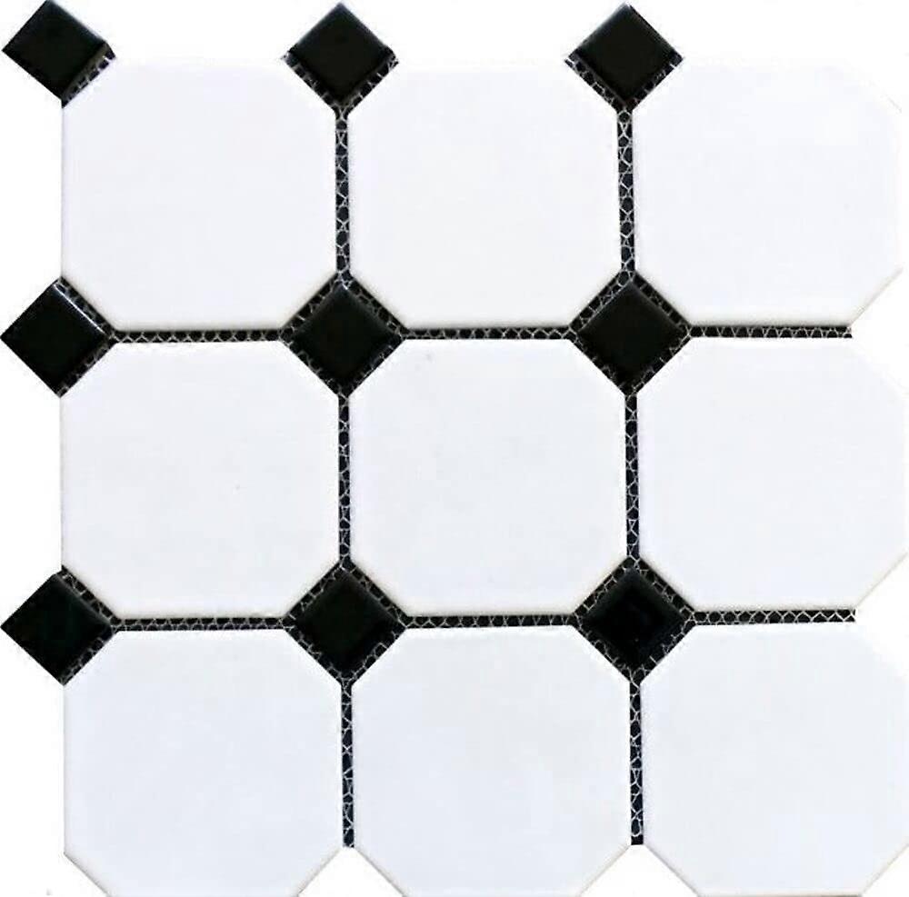 4 Inch White Matte Octagon Porcelain Floor and Wall Tile with Black Glossy Dots, 20 Sheets