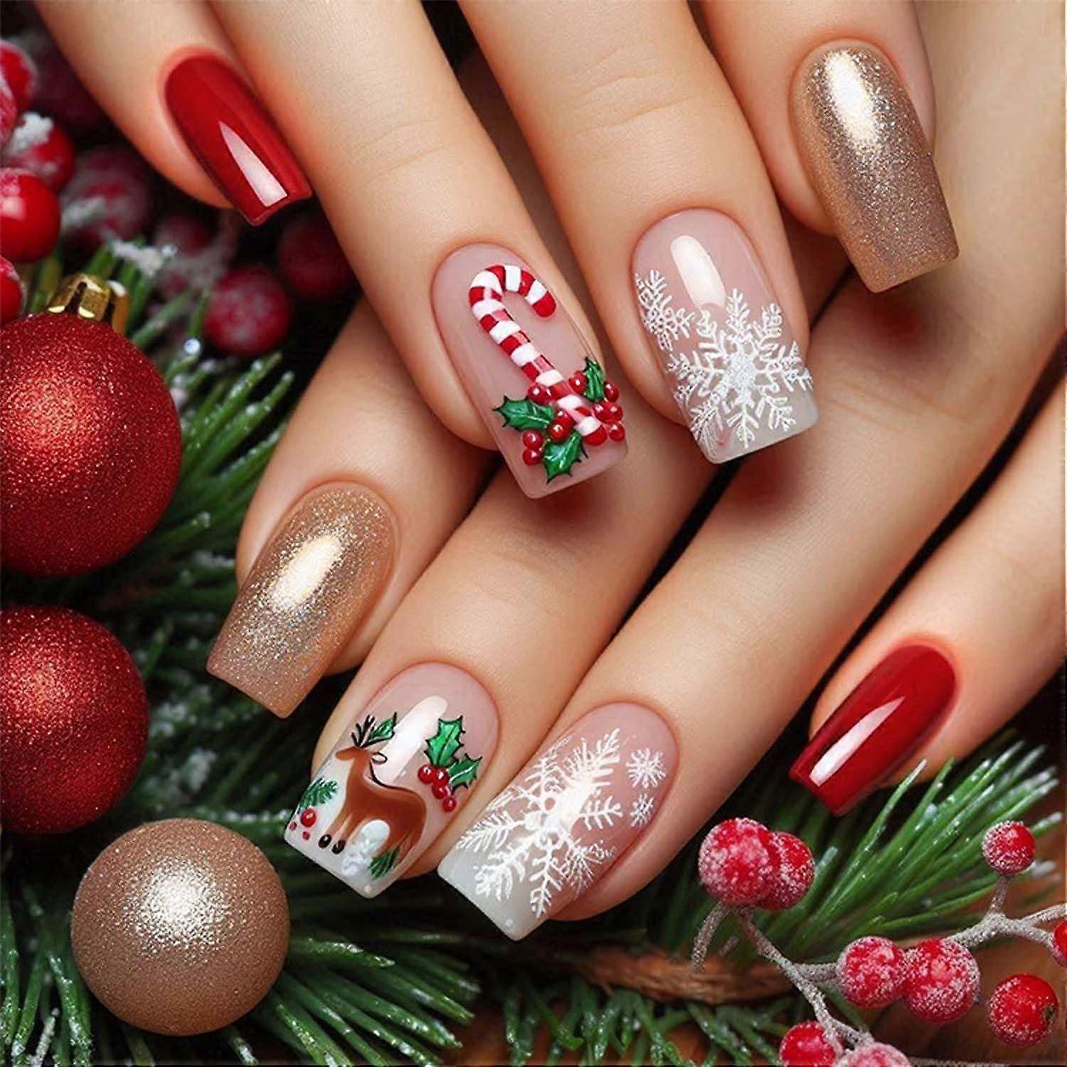 Christmas Press On Nails Square Medium Length, Glitter Red Candy Cane Snowflake Fake Nails Set