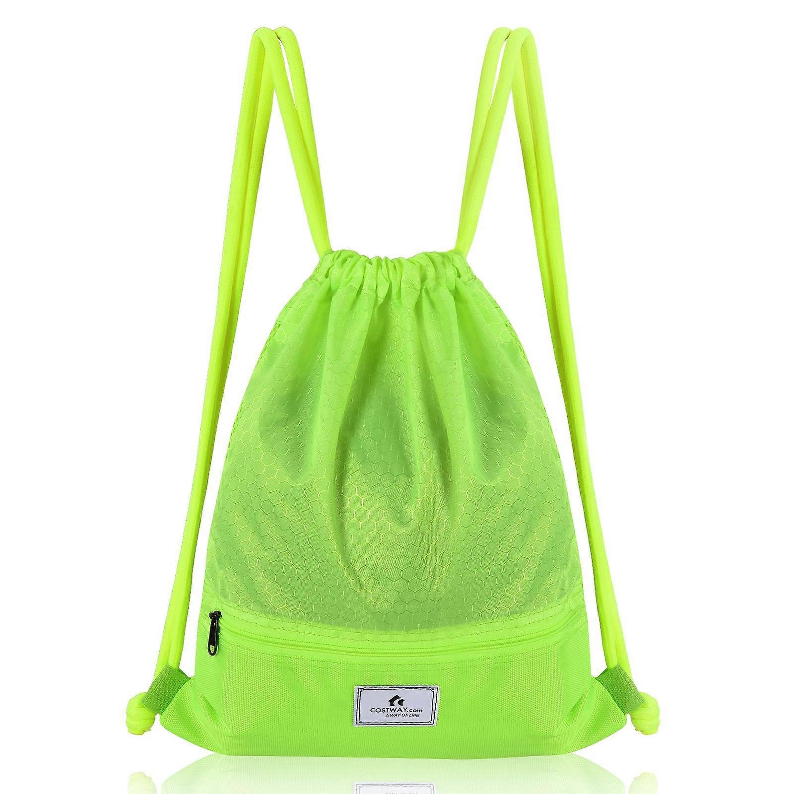 Costway Drawstring Backpack String Bag Folding Sports Sack w/Zipper Pocket Green