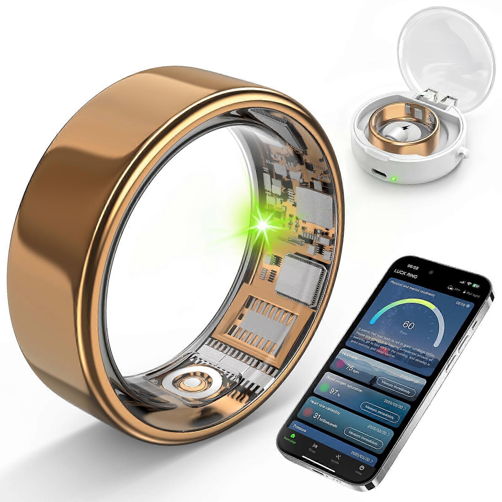 Smart Ring with Sleep and Heart Rate Monitor, IP68 Waterproof Health Tracker for iPhone and Android, Gold Size 11