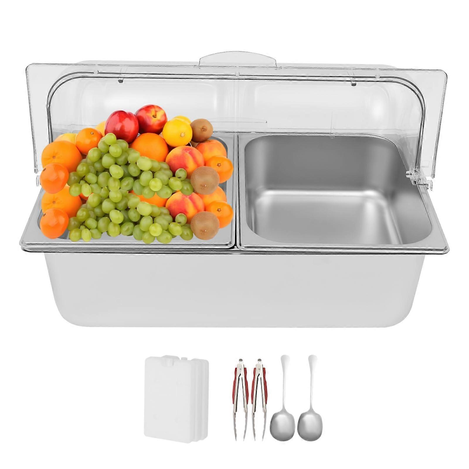 Buffet Food Serving Tray Stainless Steel 2Pan Server with Acrylic Lid, Ice Packs and Rotating Cover