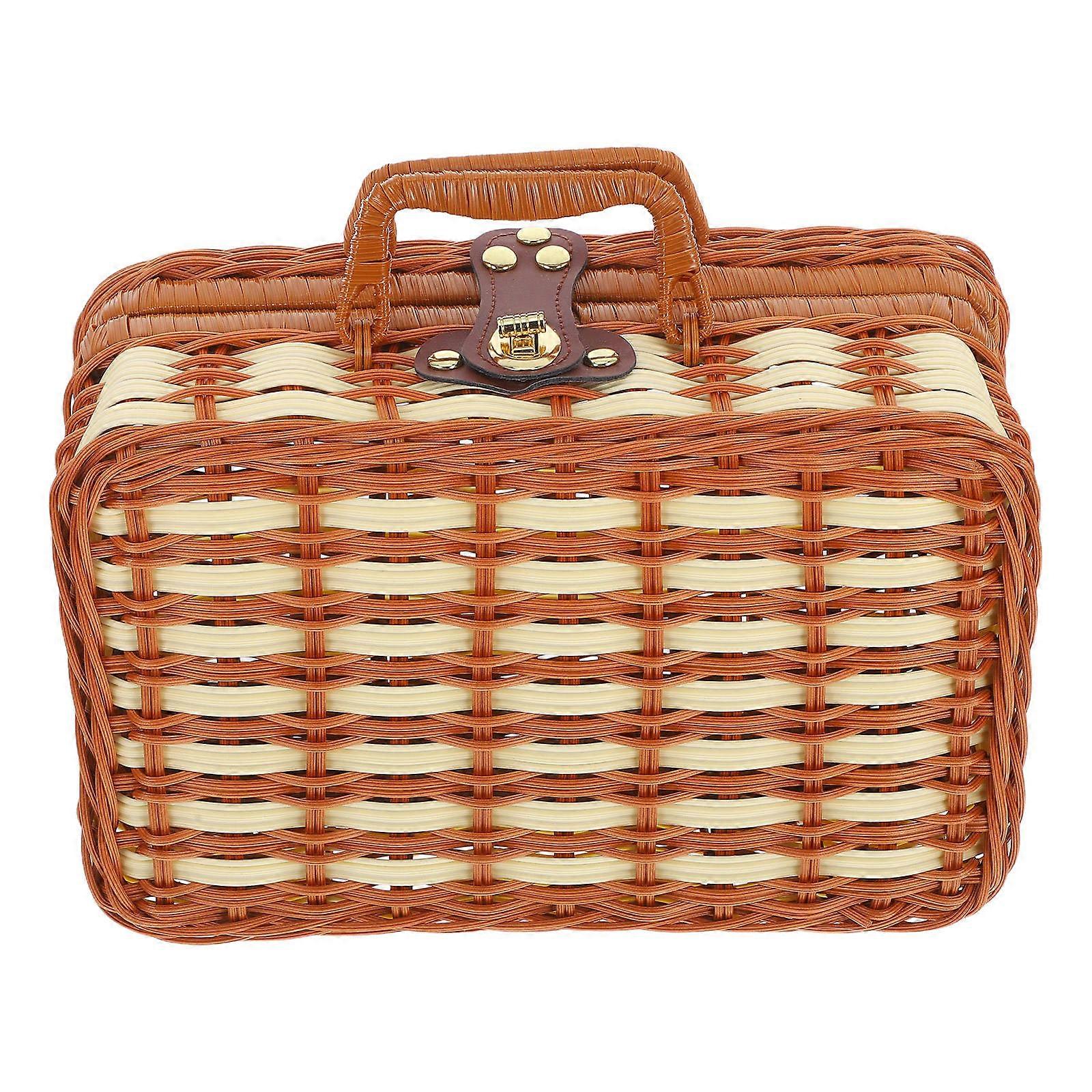Vintage Multi PP Wicker Design Storage Basket with Handles for Home 14.96 x 8.27 x 9.84 Inches