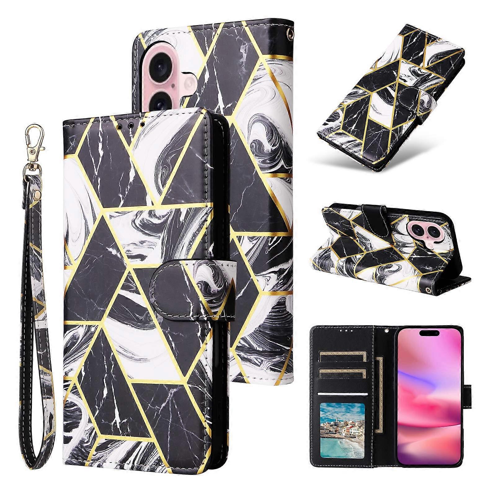 For iPhone 17 Case Lacquered Marble Pattern Leather Phone Cover with Wrist Strap