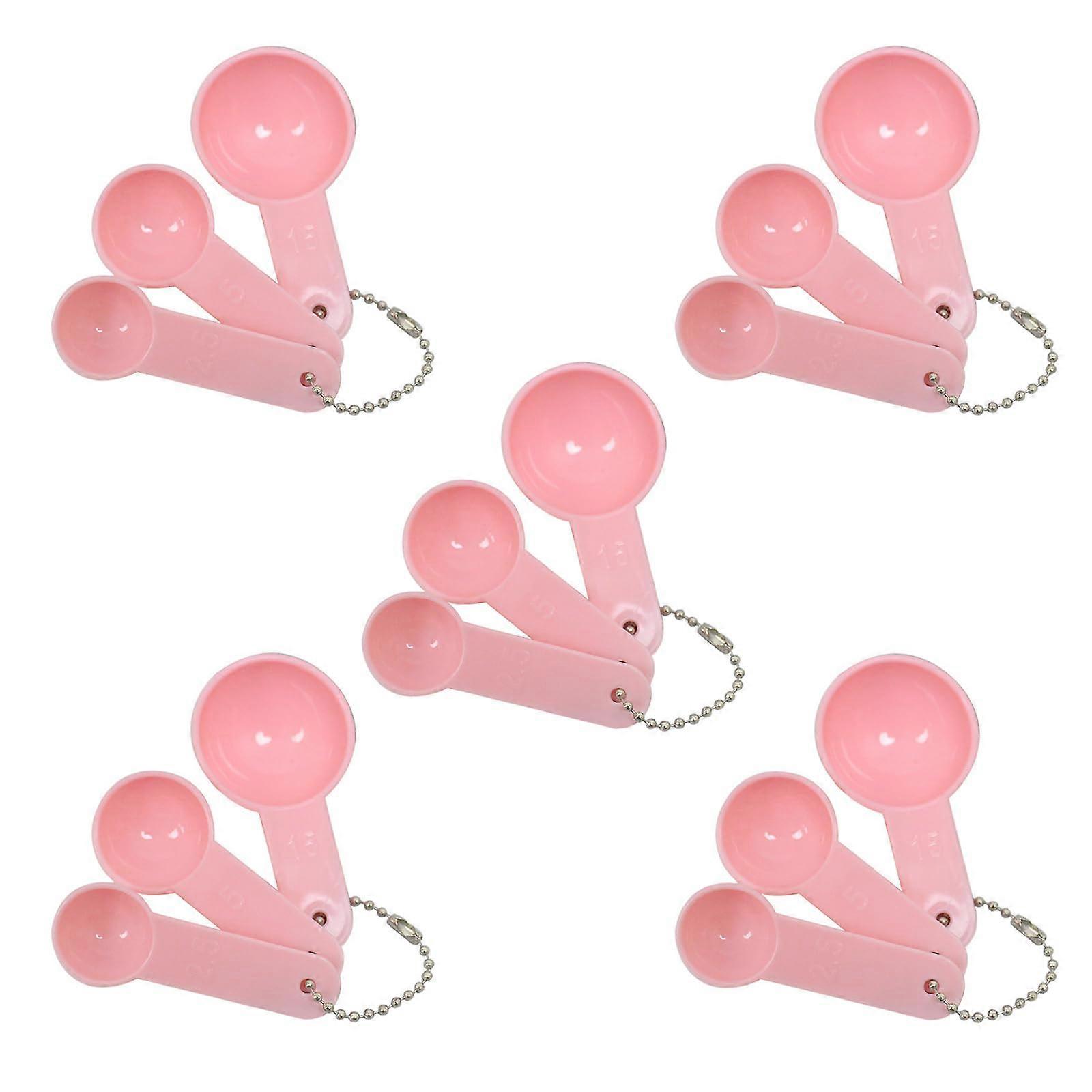 5 Sets Pink Plastic Measuring Spoons Set with Chain for Baking and Dry Ingredients
