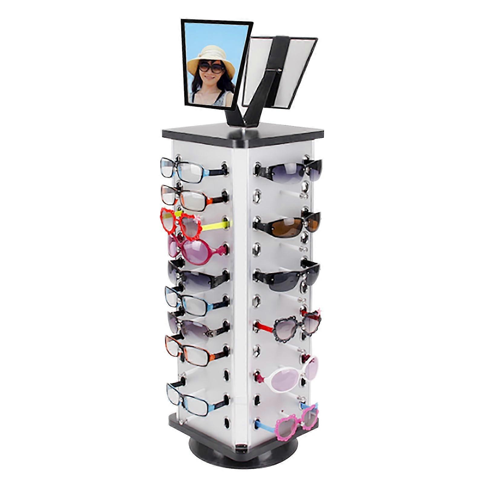 Sunglasses Display Stand, 360° Rotating Eyeglass Rack with Adjustable Mirrors, 44Frame Tabletop Holder
