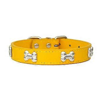 Echt leer bot bezaaide hondenhalsband comfortabele verstelbare maat halsbanden voor kleine middelgrote hond (M, geel)