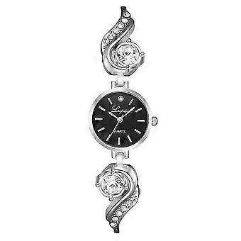 Legierung Lady Armbanduhr rundes Zifferblatt Strass Dekoration Quarz Armbanduhr (Silber + Schwarz)