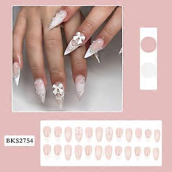 Schleifenförmige künstliche Fingernägel im Stiletto-Mandel-Design mit 3D-Kurven-Design, French-Tip-Optik, Vollflächige Klebenägel, Niedliche künstliche Fingernägel, Mittelgroß