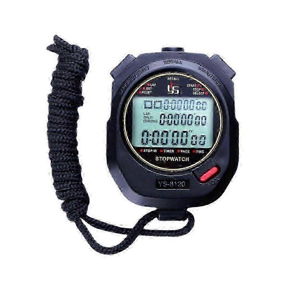 Digital Stopwatch, 3 Rows Display, 1/100s Precision, 9hr Memory, Black