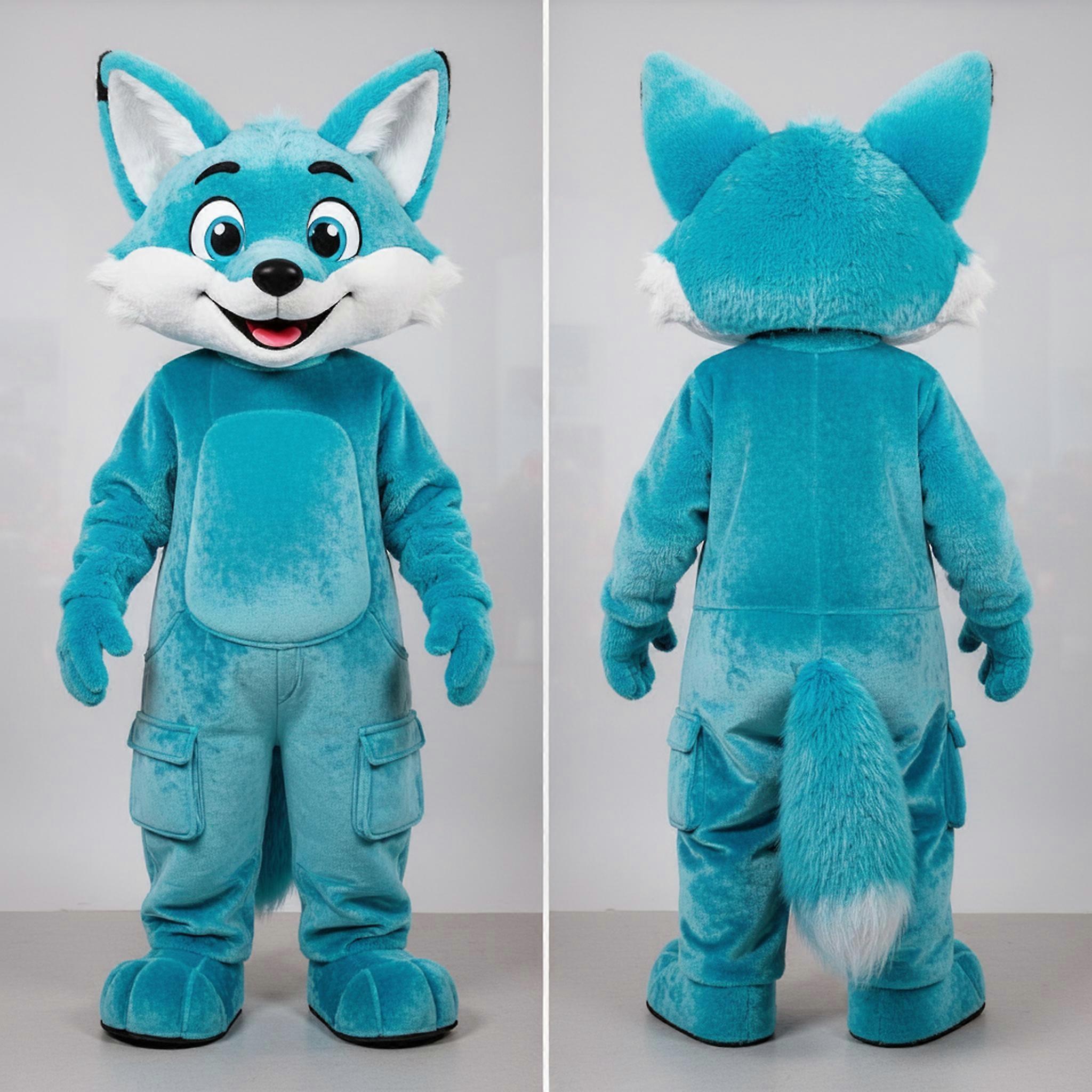 MASTICOT Cyan Fluffy Smiling Fox Mascot