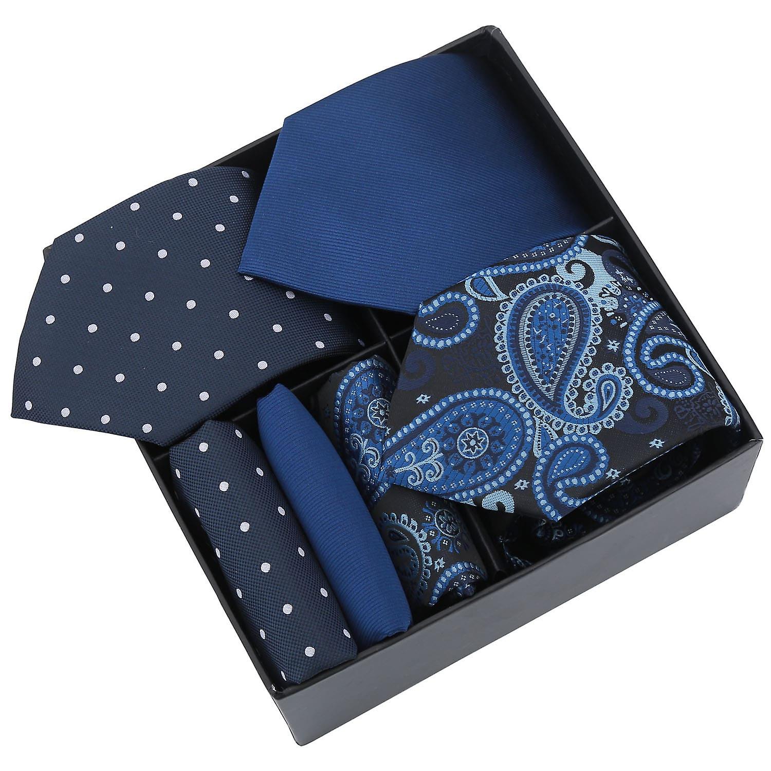 Navy Mixed Pattern Tie and Pocket Square 3pc Gift Box Set