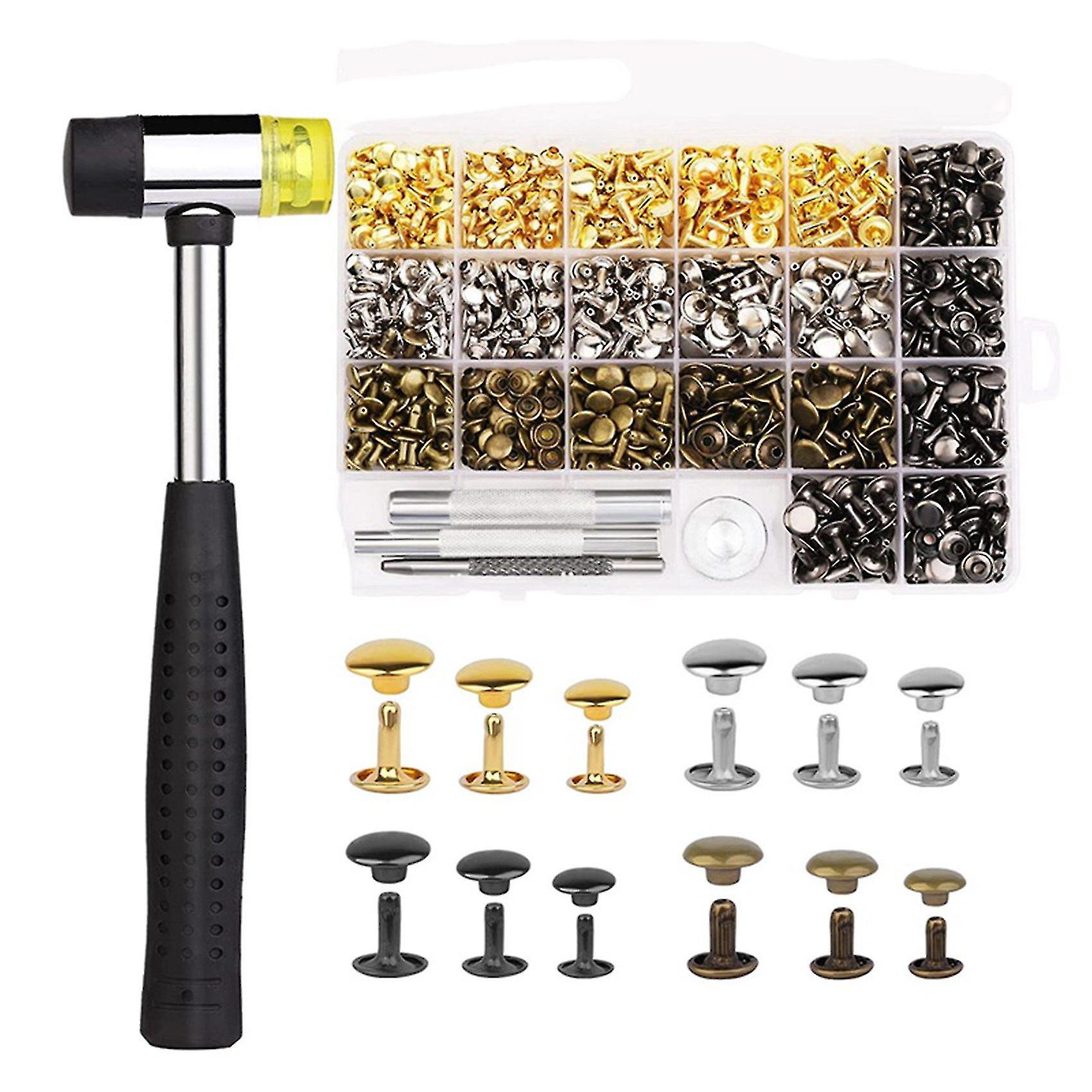 480 Set Leather Rivets Kit 4 Colors Double Cap Rivets 3 Sizes Rivets For Leather With Rubber Hammer