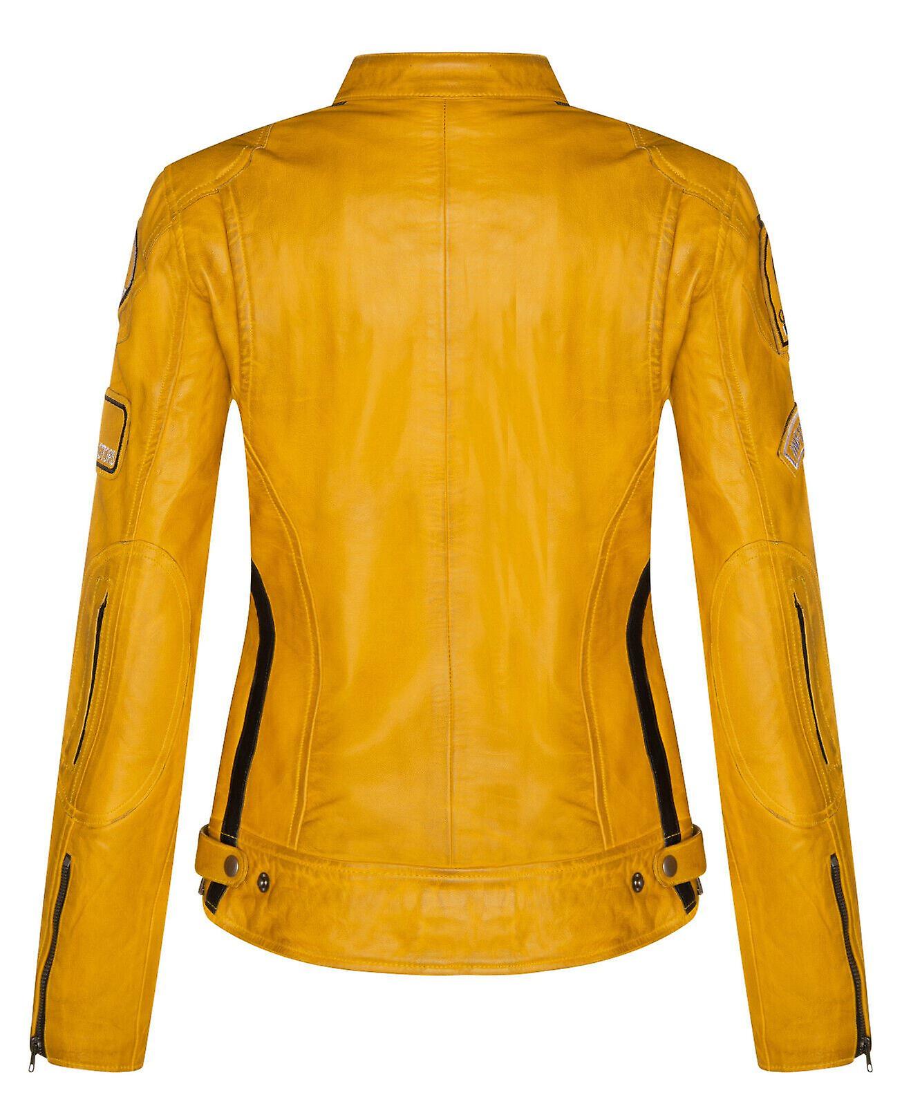Biker Lederjacke Freaky Nation Lederjacke Gelb Damen Gelb Leder