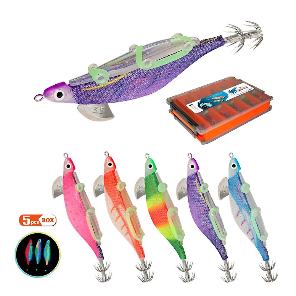 5pcs Fishing Luminous Shrimp Lure Hard Artificial Lure Wood Shrimp Bait with Squid Hooks