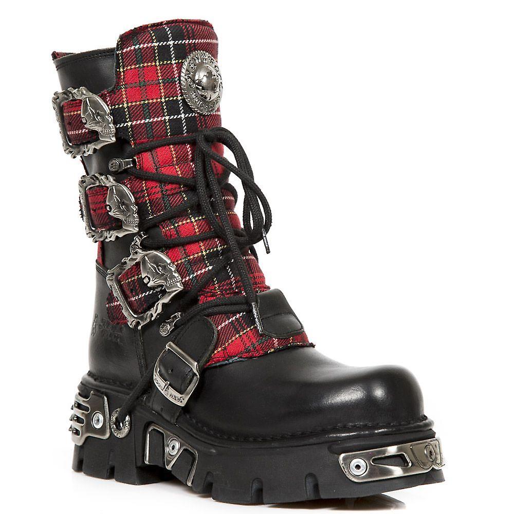 New Rock Girls Black 391T-S1 Leather Tartan Gothic Boots Eu39