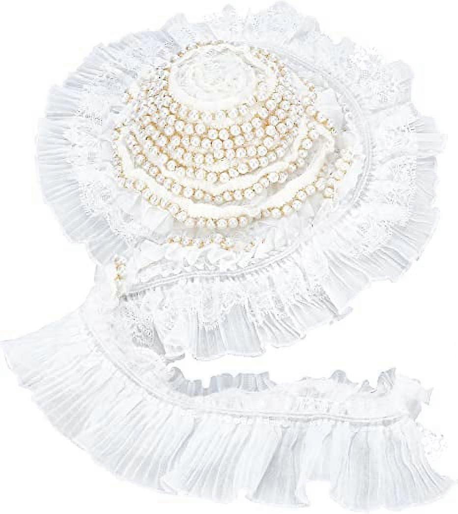 3 Yards Pearl Ruffle Lace Elastic Trim Pearl Trimming Lace Ribbon 3-Layer Pleated Lace Edge Trim Polyester Lace Ribbon