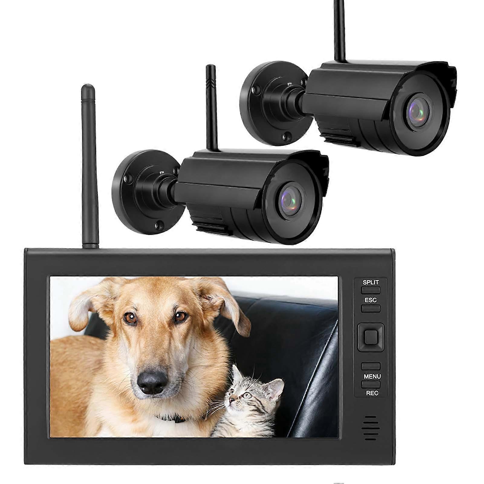 7 Inch LCD Wireless 4CH Security Monitor System Display+Camera 2pcs IR Cameras Memory Card EU