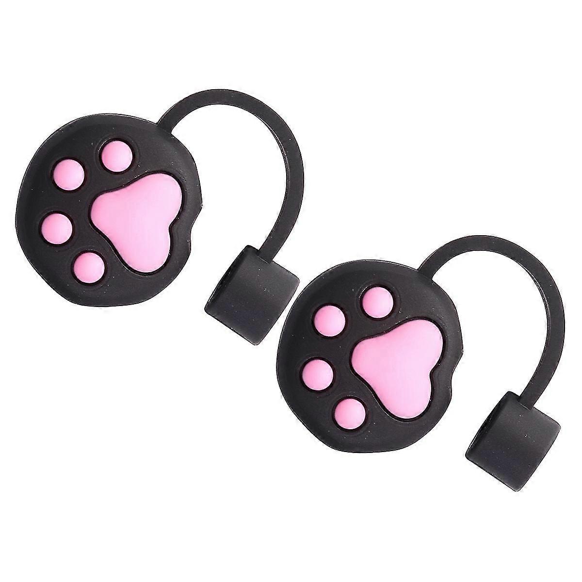 2Pcs Lovely Shape Straw Tips Cover Creative Silicone Straw Plug (Black Cat Paw)