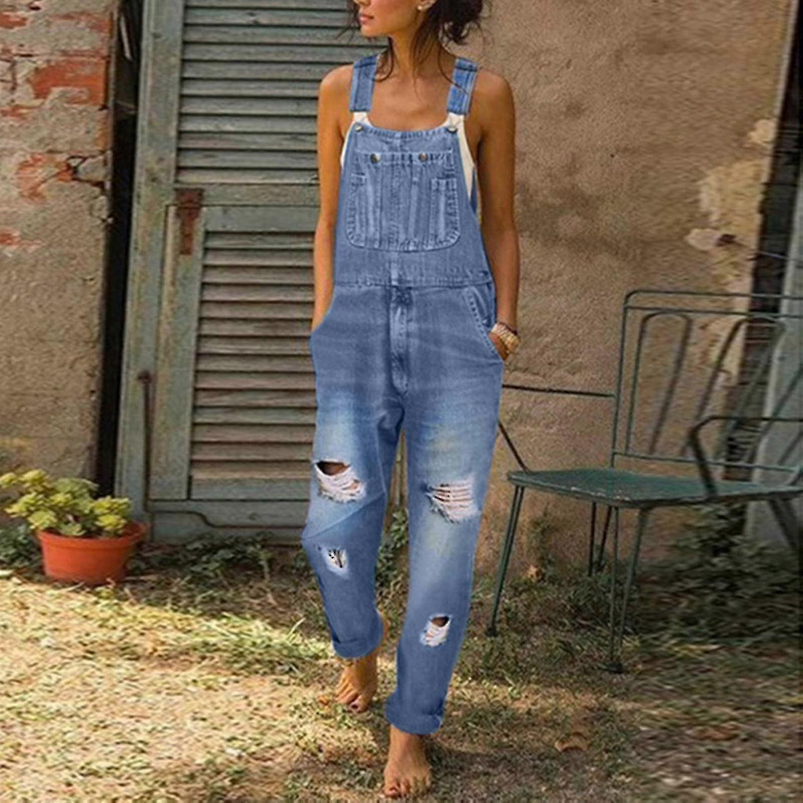 Women's Washed Denim Bib Jeans Overalls Casual Ripped Denim Jumpsuits Rompers