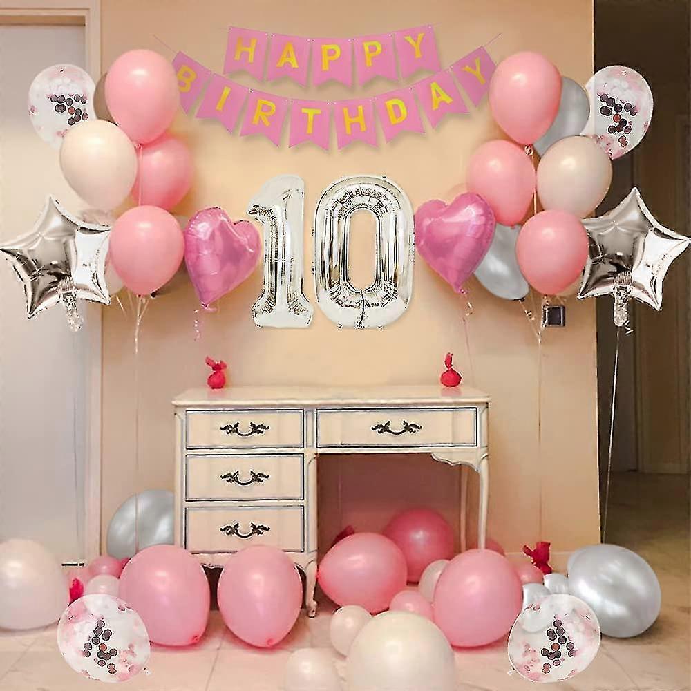 Luftballon-Set Zum 10. Geburtstag In Rosa - Mit Folienballon, Banner, Sternen & Konfetti, Für Mädchen-Partys