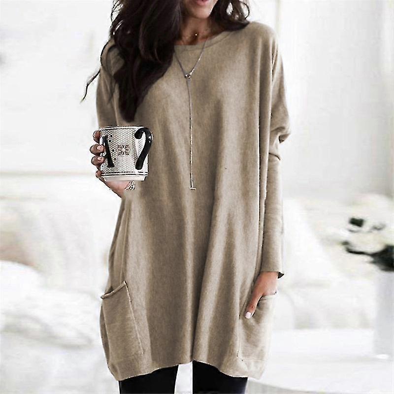 المرأة زائد الحجم طويل الأكمام تونيك قمم Crewneck خفيفة الوزن قميص من النوع الثقيل عارضة القمصان كبيرة الحجم مع جيوب (S-5X)