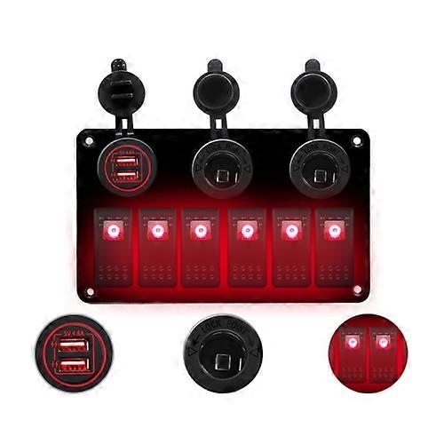 Multi-functional Combination Switch Panel 12V / 24V 6 Way Switches + Dual USB Charger for Car RV Marine Boat (Red Light)