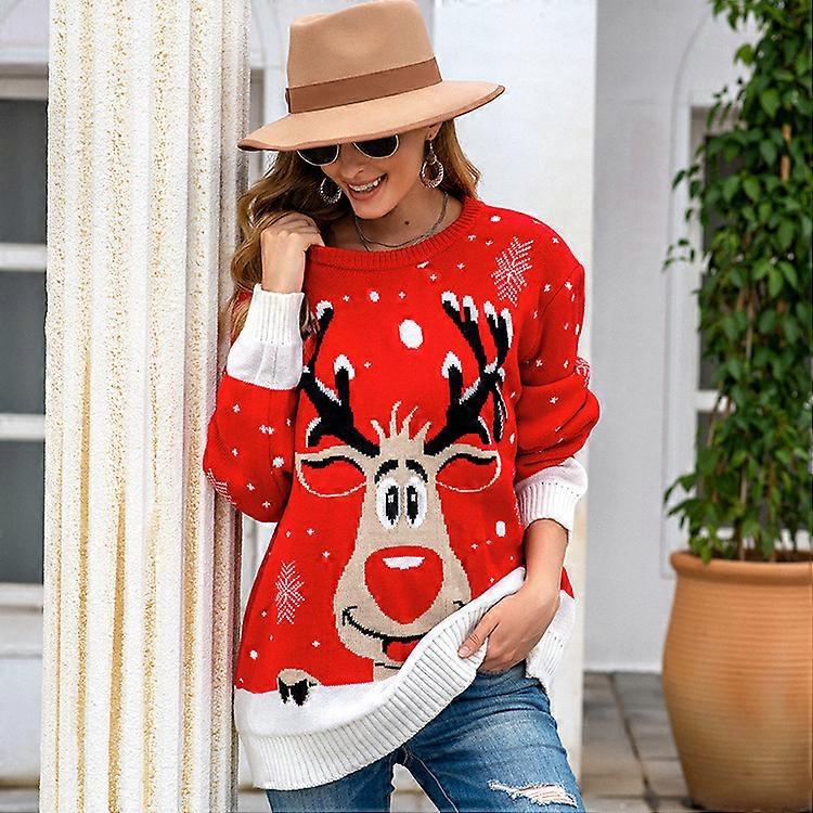 Damen Loose Rentier Print Pullover Strickpullover für die Feiertage