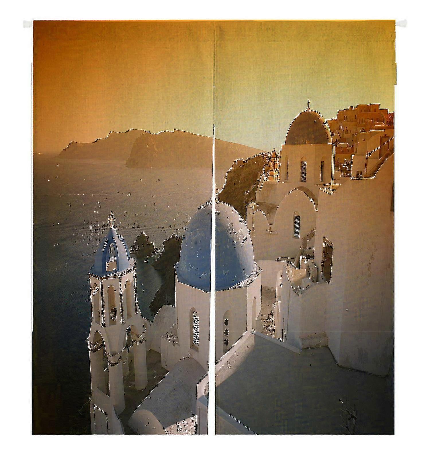 Churches Caldera Village Dramatic Surreal Sky Japanese Noren Curtain Doorway Door Window Treatment Curtains 105x120 Cm