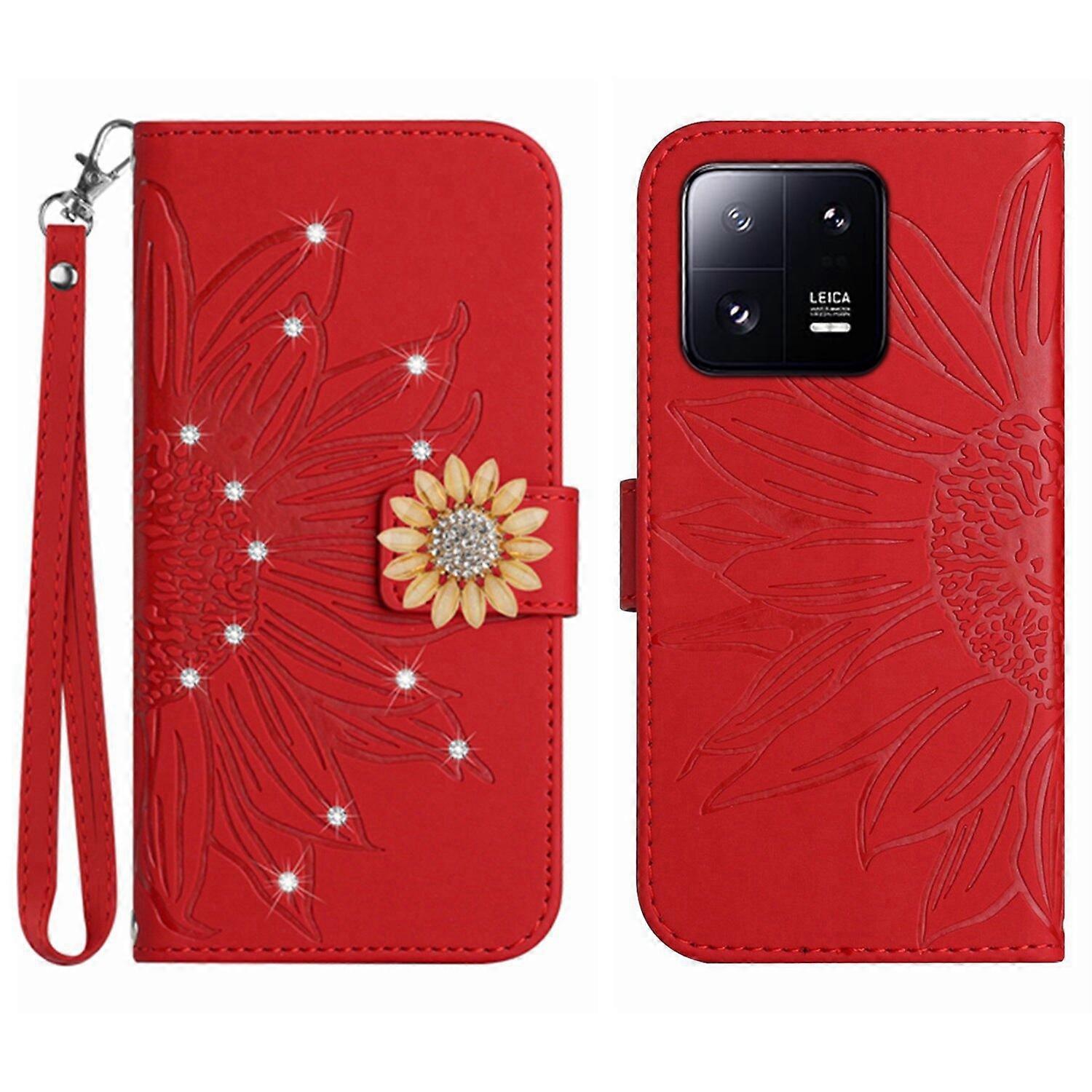 Compatível com Xiaomi 13 Pro Girassol em relevo com diamantes Magnetic Card Holder Wallet Phone Case com alça curta