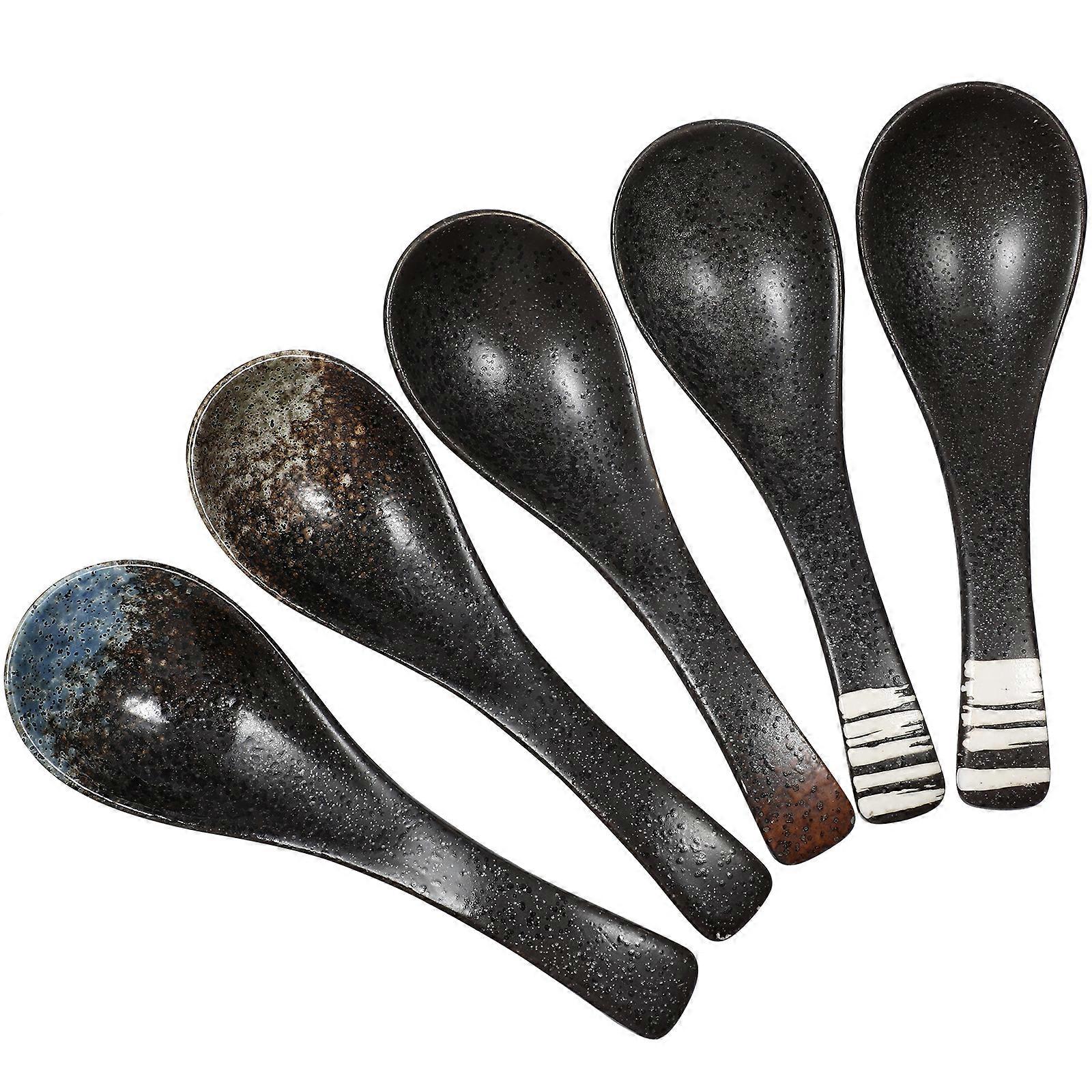 5Pcs Japanese Style Soup Spoon Ceramic Rice Spoon Home Kitchen Tableware