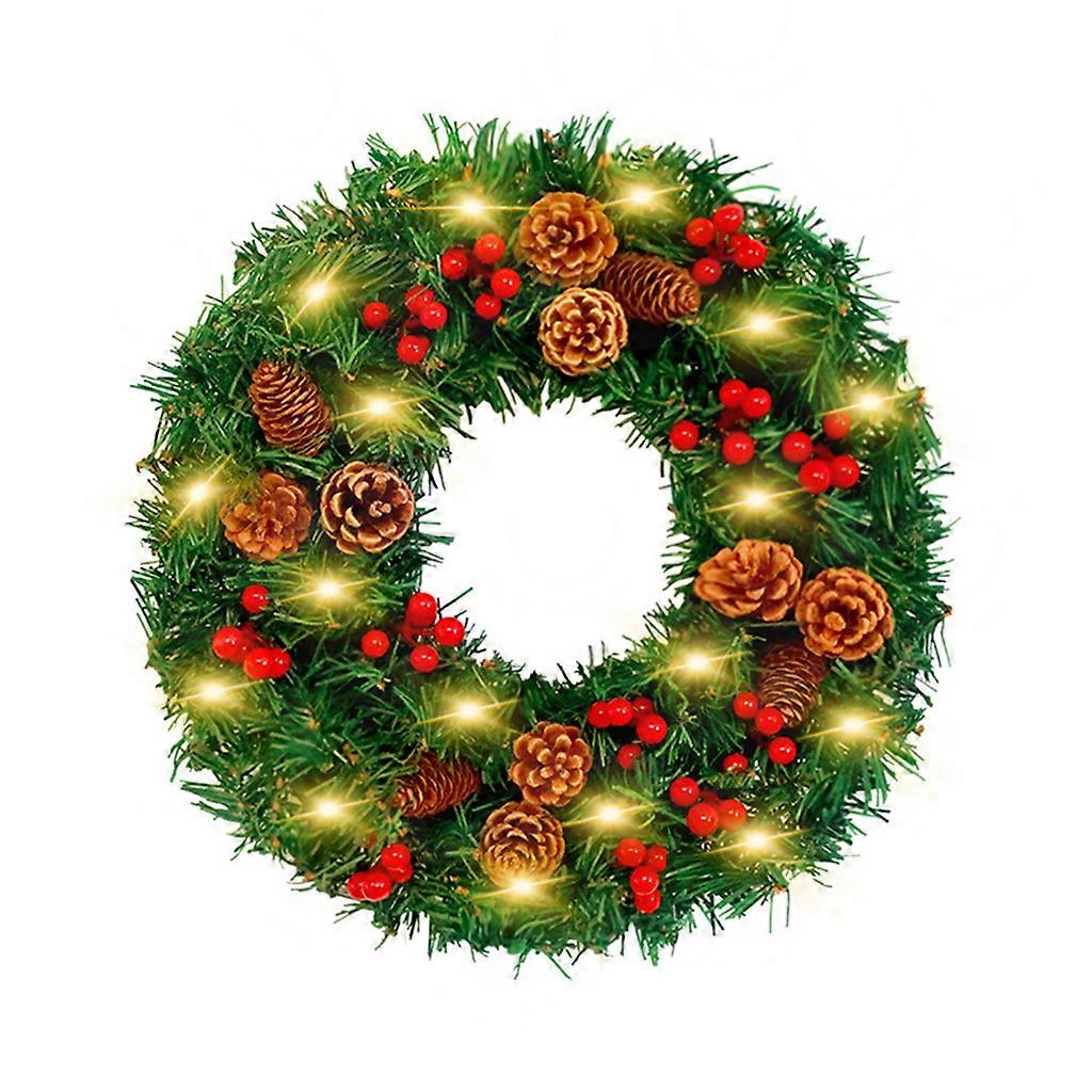 Artificial Christmas Wreath with Pinecone Red Berries LED Light Garland for Front Door Wall Farmhouse Decor