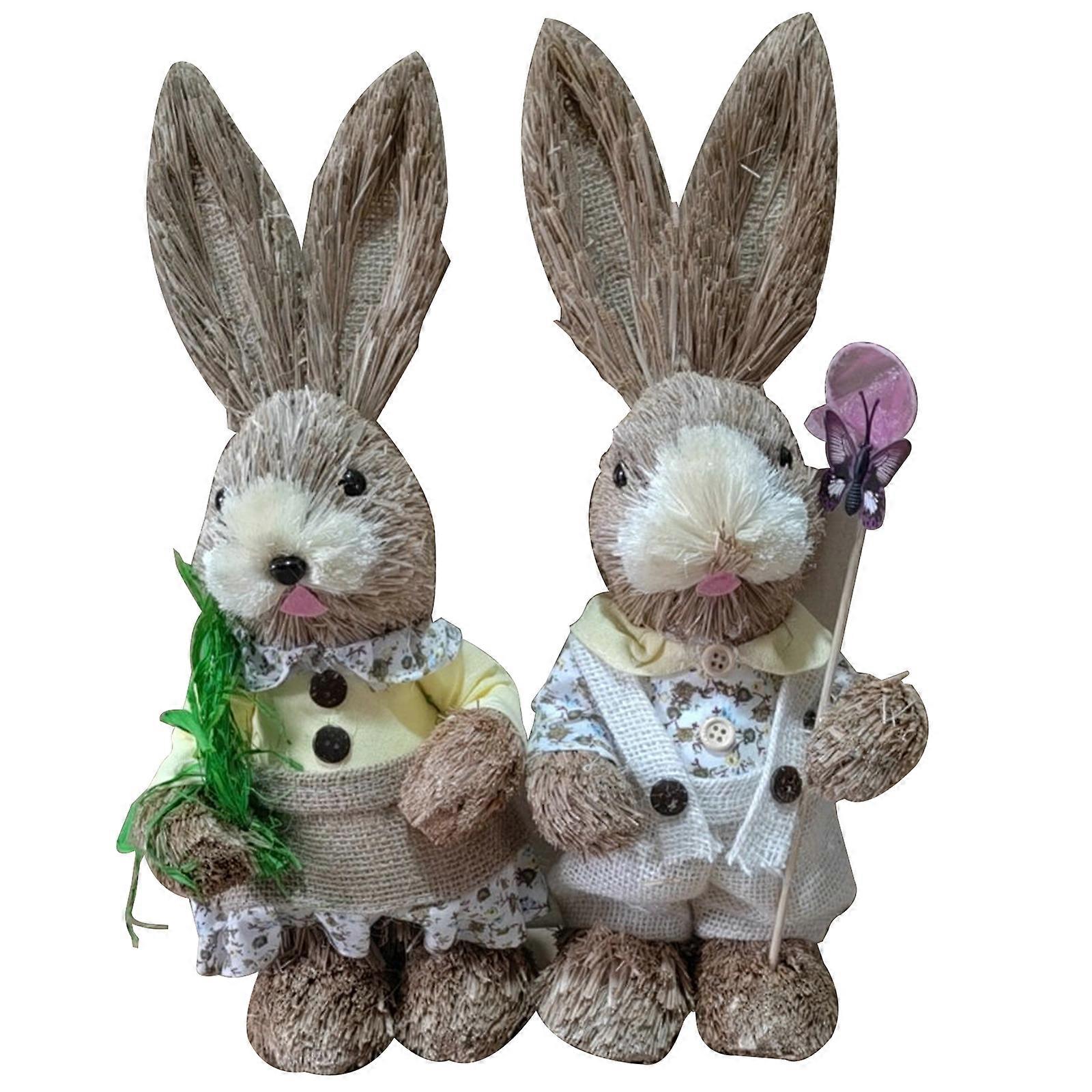 Artificial Straw Rabbit Bunny Statues Decor Easter Festival Ornaments Spring