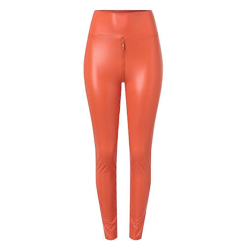 Leggings de cintura alta con cremallera elástica de PU para mujer Charol de látex