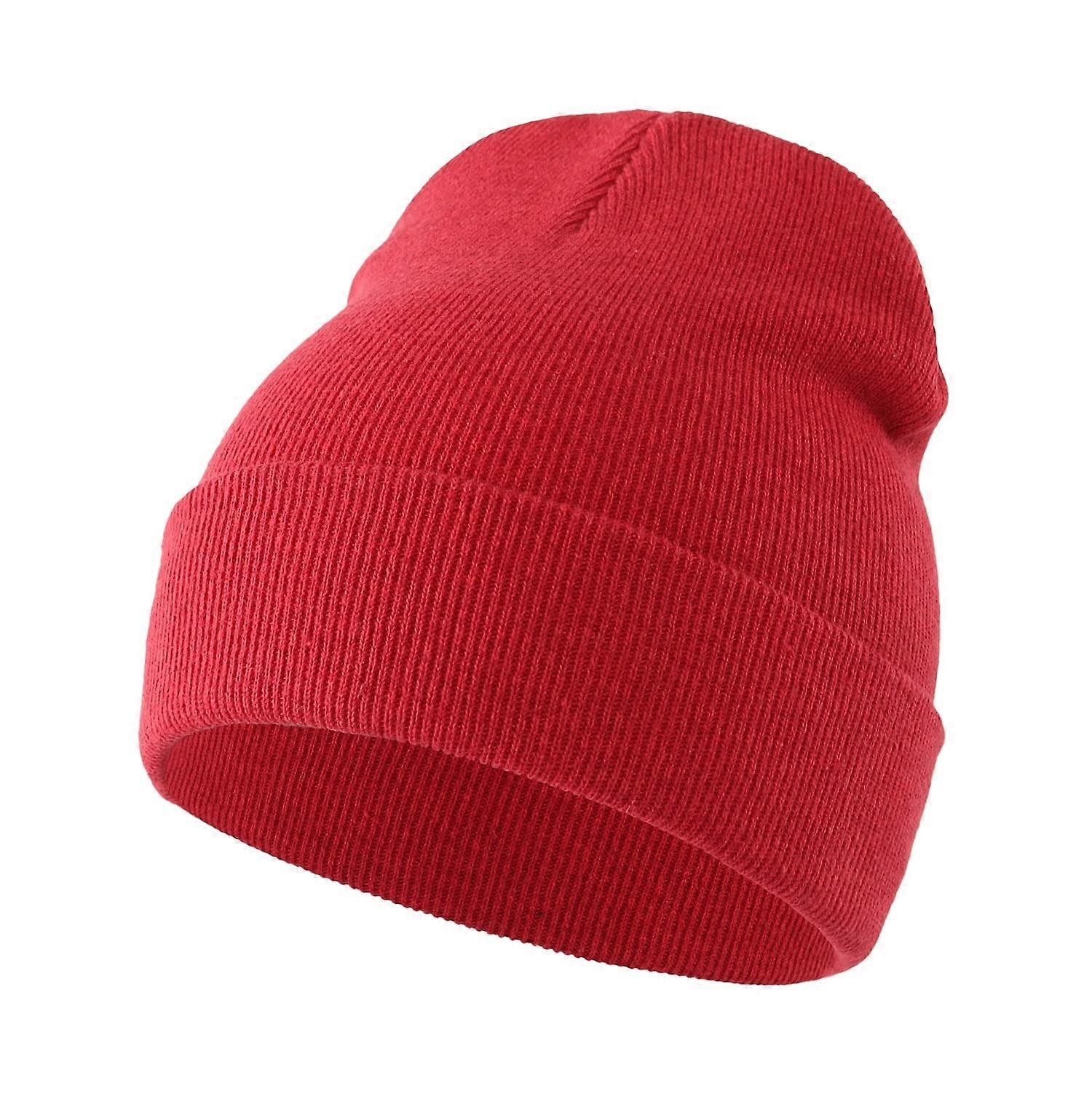 Knit Hat Cotton Cuff Beanie Warm Skull Cap-Red