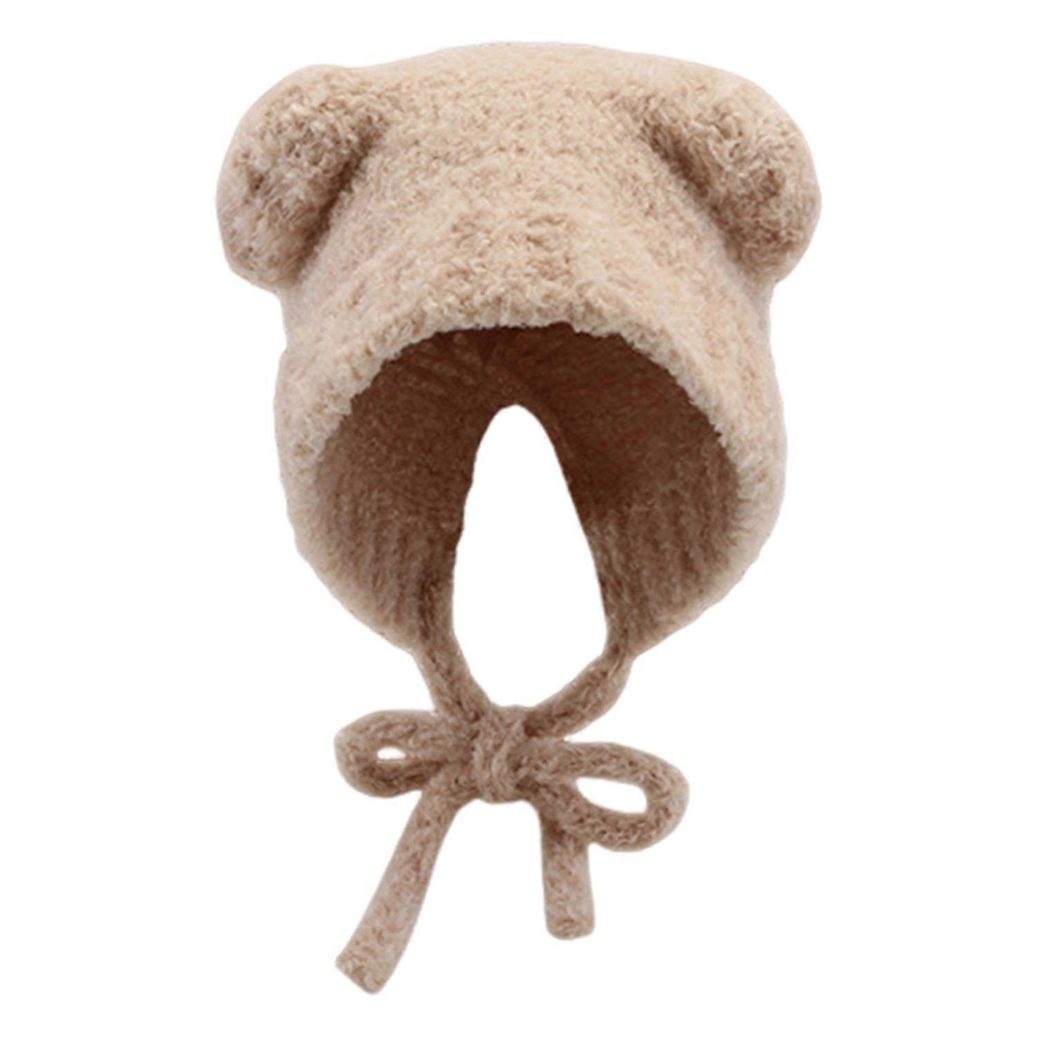 Winter Knitted Hat Cartoon Bear Hat Shape Thick Plush Lace-up Strap Knitted Cold-proof Windproof