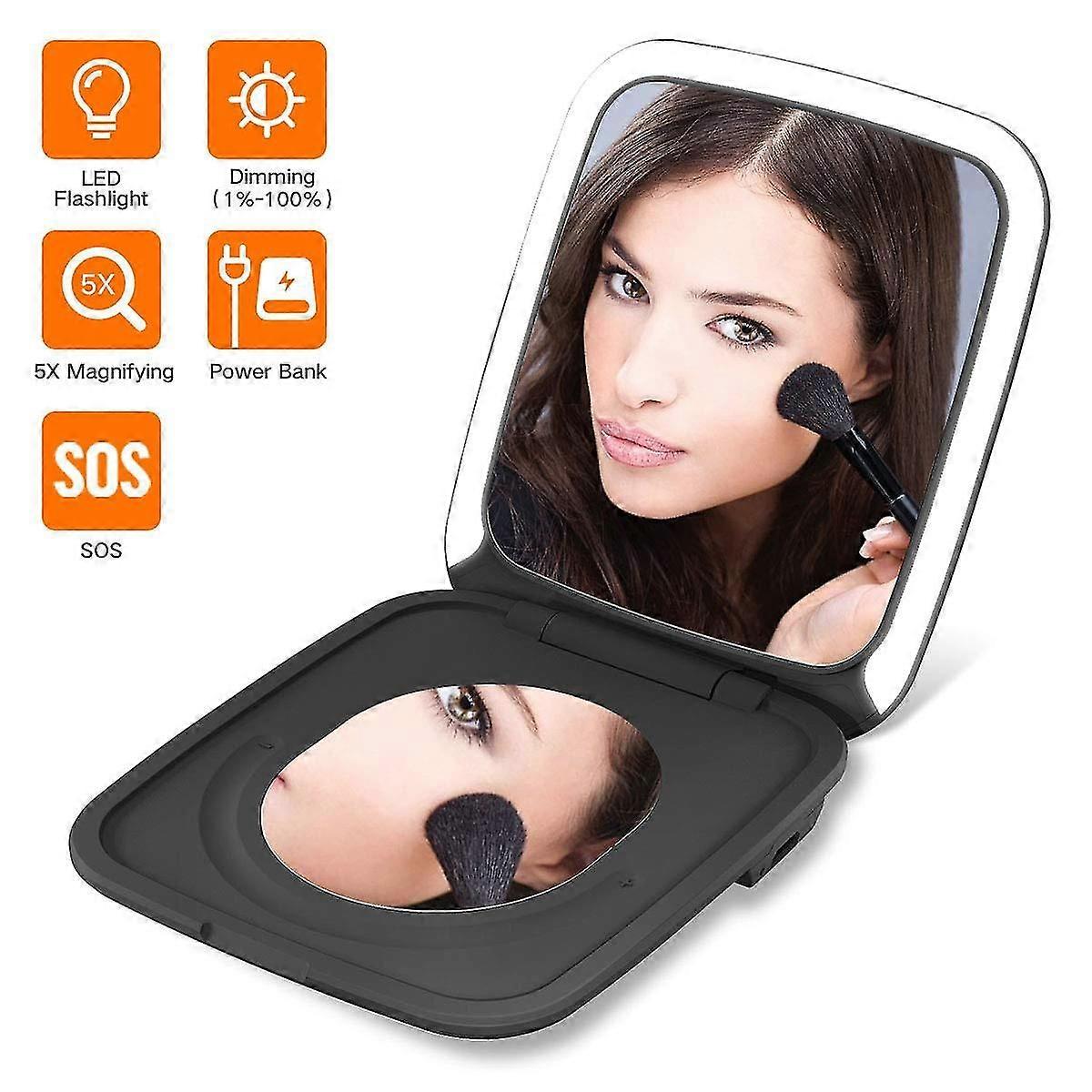 Led Lighted Travel Makeup Mirror, 1x/5x Magnifiion - Daylight Led, Compact, Portable, Large 4inch Wide Illuminated Mirror, Usb Chargeable ,bla