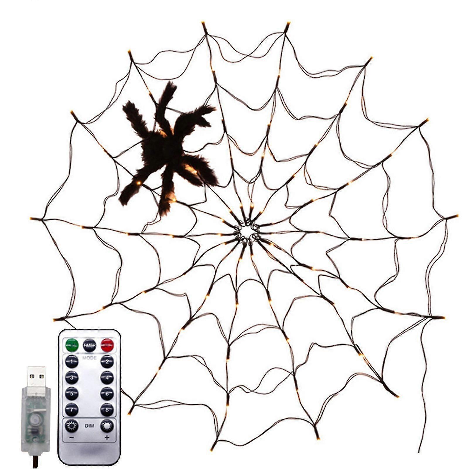 Halloween Spider Web Lamp - Warm White, Remote Control with 8 Flashing Modes, USB Powered Decoration