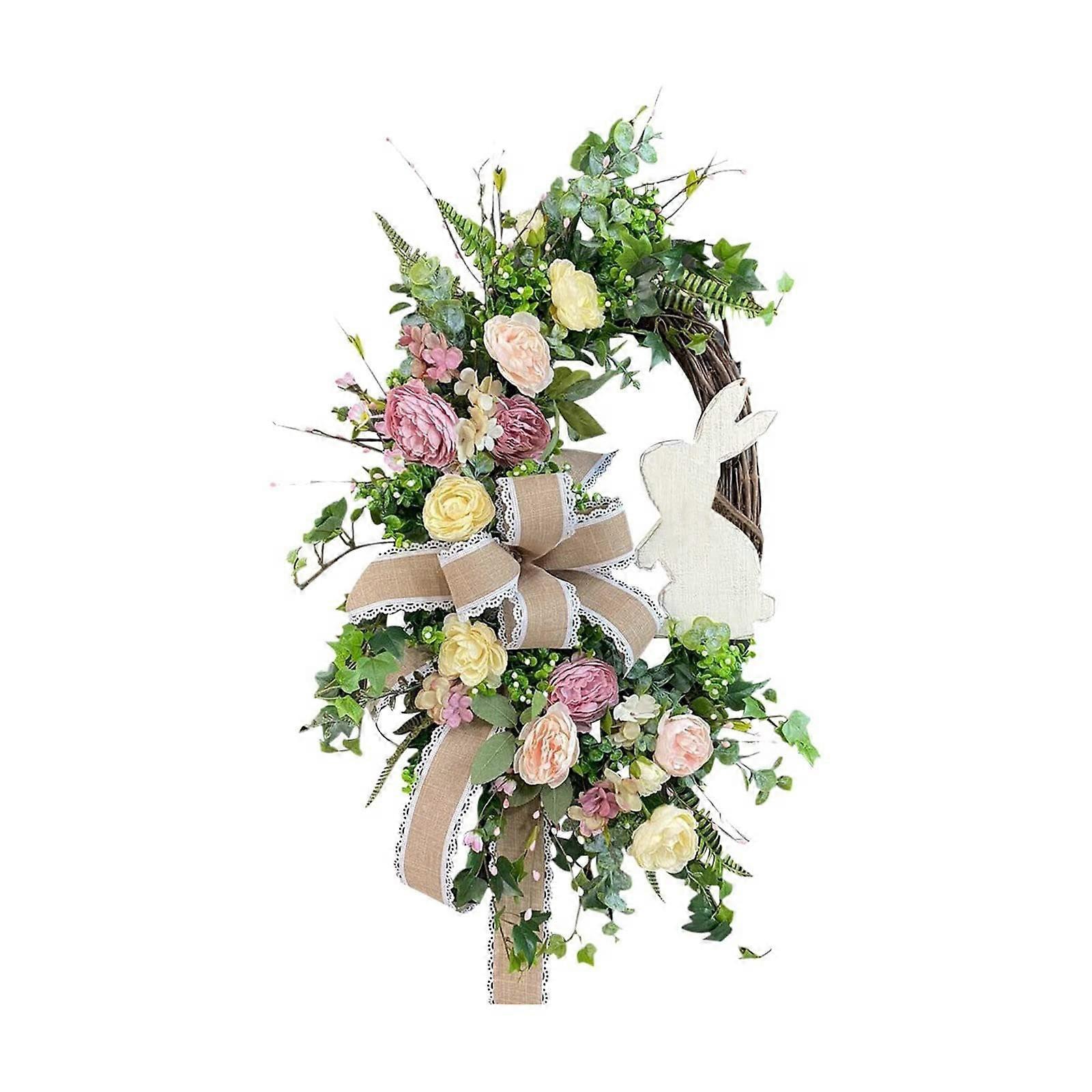 Farmhouse Easter Wreath Burlap Garland with Lights & Bow for Front Door Summer Decor