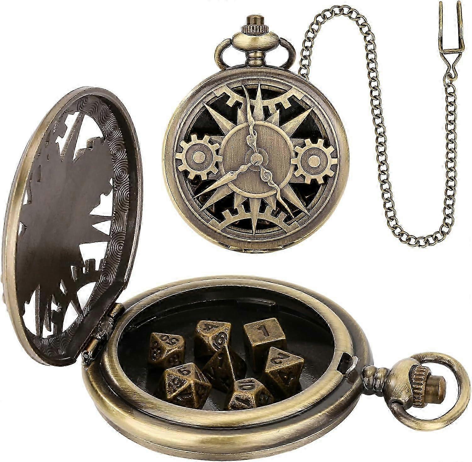 Mini-ensemble de dés DND avec boîtier creux en bronze Steampunk pour montre de poche, ensemble de 7 dés polyédriques en métal, cadeaux Donjons et Dragons